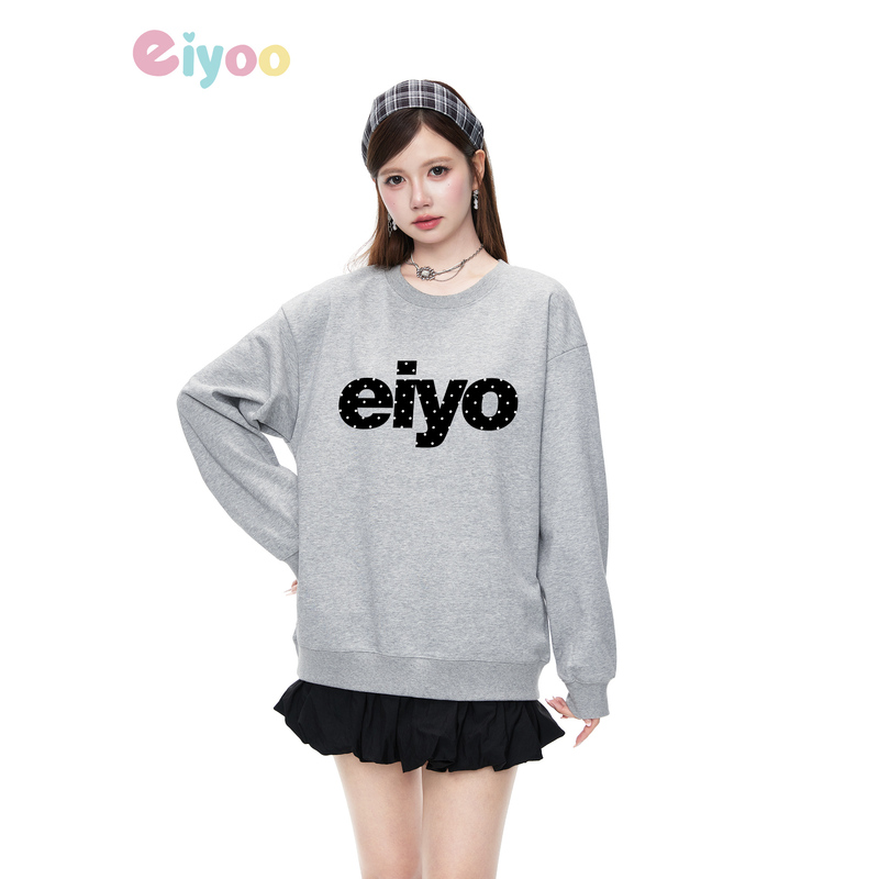 Eiyoo American Retro Letter Logo Printed Pullover Round Neck Sweatshirt for Women, New Autumn and Winter Couple Tops Trendy