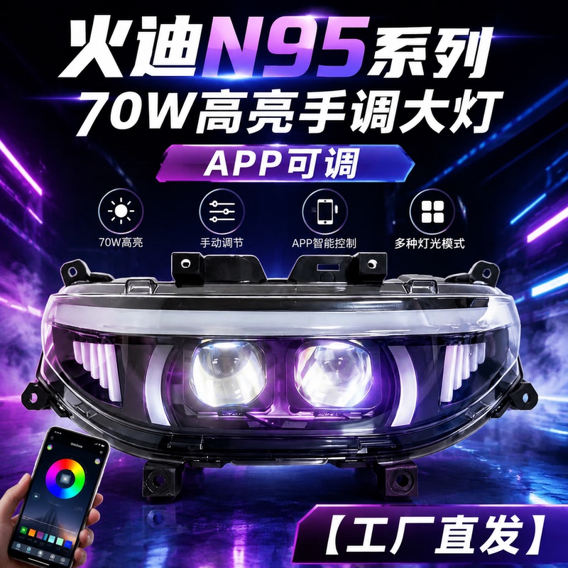 Huodi N95 Series Dual-Eye Hand-Adjustable 75W High-Brightness Headlights with App Control