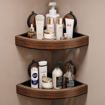 Walnut Suction Cup Storage Rack for Bathroom, Toilet, and Restroom, No-Drill Storage, Shower, and Washroom Triangular Basket