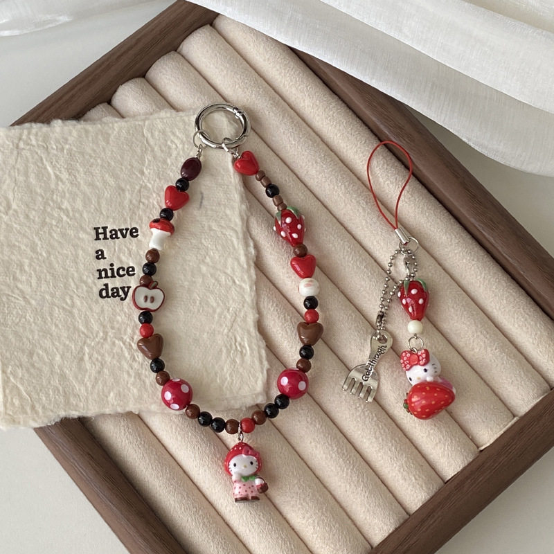 Cute hand-painted beaded phone charm, KT doll bag pendant, red mushroom phone anti-loss chain.