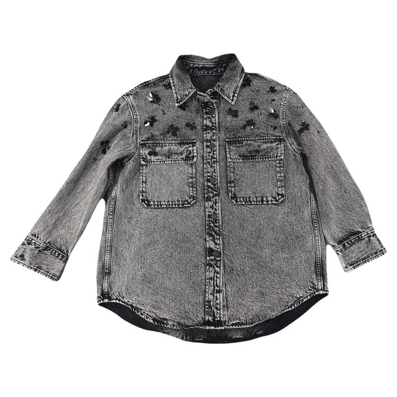 Mo Cut-Label Co Denim Jacket Rock Sequin Beading Heavy-Duty Washed Black Denim Shirt Jacket