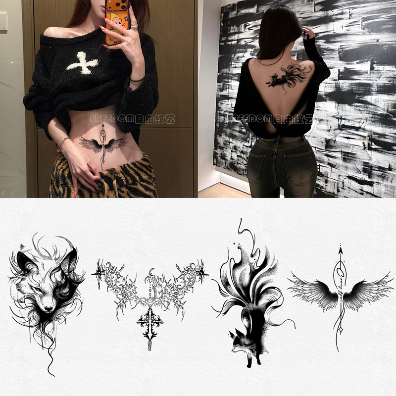 Dark Herbal Tattoo Stickers, Semi-Permanent, Sexy Hot Girl Fox Pattern, Scar Cover, for Men and Women, Arm, Anti-Rubbing, Waterproof, Trendy