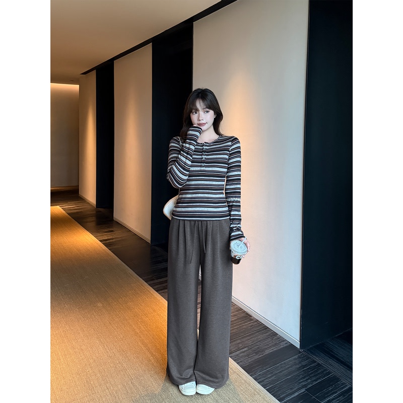 Darlingjust Xiaoyedundun [Striped Style] Henry Collar Long Sleeve T-Shirt for Women, Versatile Commuting Inner Layer Top