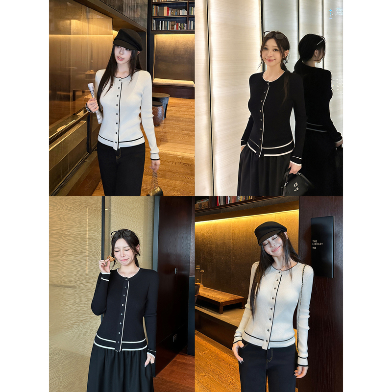 Darlingjust Xiaoyedundun [Intelligent Lady] Waist-Cinching Knitted Cardigan for Women, Color-Block Commuting Versatile Top