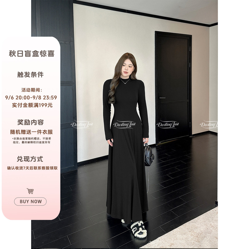 Darlingjust Xiaoyedundun [Minimalist Warm Velvet] Half-High Collar Fleece-Lined Dress for Women, Autumn and Winter Slim-Fit Long Dress