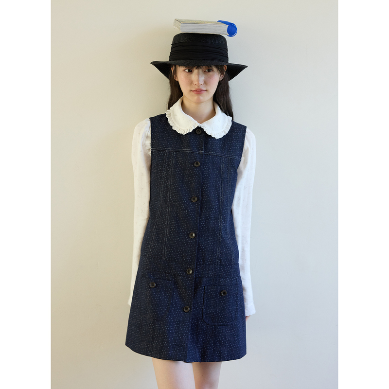 【New Product Limited Time Offer 15% off】Aww Faux Denim Floral Multi-Panel Round Neck Vest Sleeveless Dress