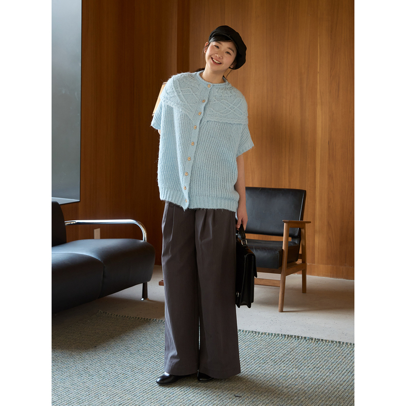 Aww Haruki Harayama·Light Blue Knitted Cardigan with Cable Knit, Loose Five-Quarter Sleeves, Patchwork One-Piece Jacket Aww Haruki Harayama·Light Blue Knitted Cardigan with Cable Knit, Loose Five-Quarter Sleeves, Patchwork One-Piece Jacket