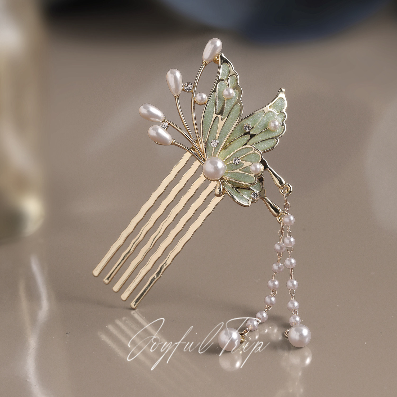 Emerald Butterfly Holding Pearl - New Chinese Style Butterfly Tassel Comb, High-End Luxury Hair Accessory with Chinese Style, Exquisite and Versatile Headwear
