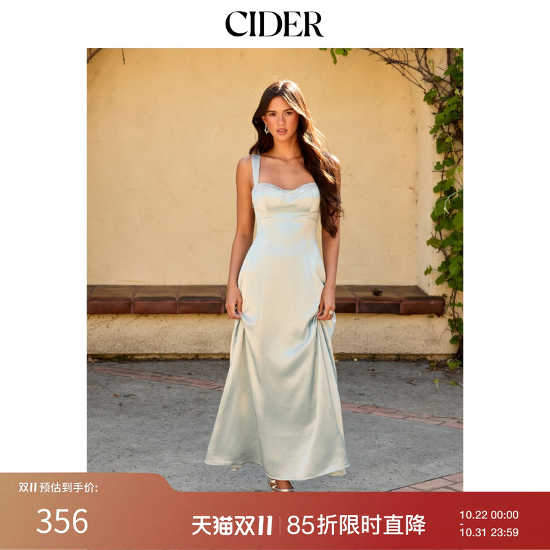 Cider2026 Early Autumn Outfit Satin Heart-Shaped Collar High-Waisted Tie Fishtail Long Dress 115396159