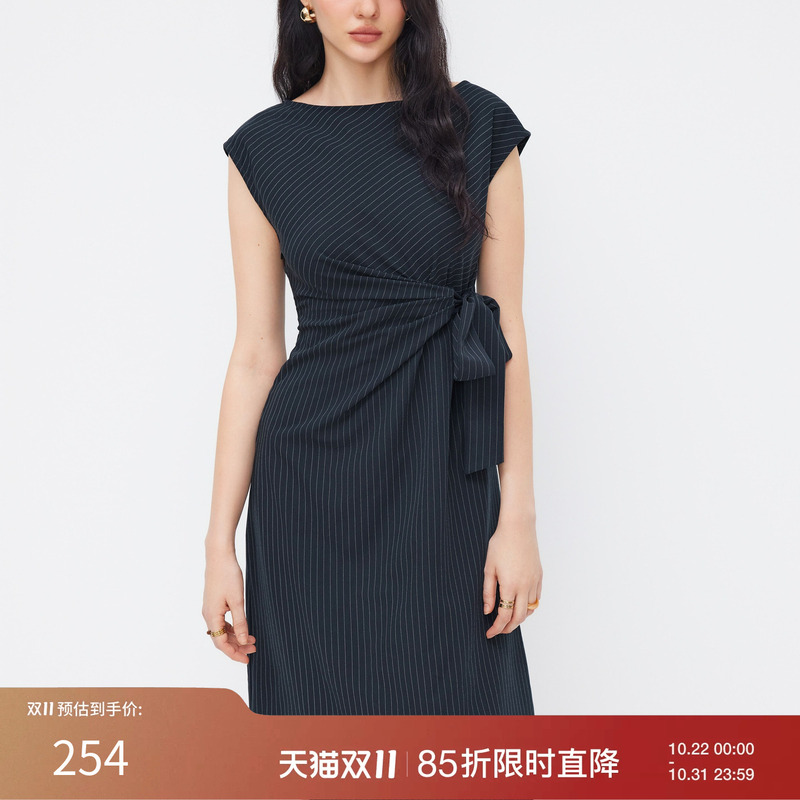 Cider Very Pretty Dress Striped Pleated Swing Collar Mid-Length Dress 114694791