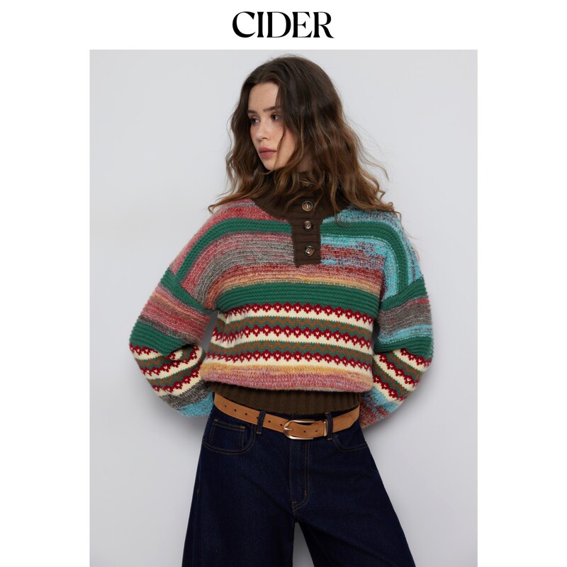Cider2026 Autumn New Knitted Aztec Stand Collar Lantern Sleeve Crochet Loose Sweater 115508197