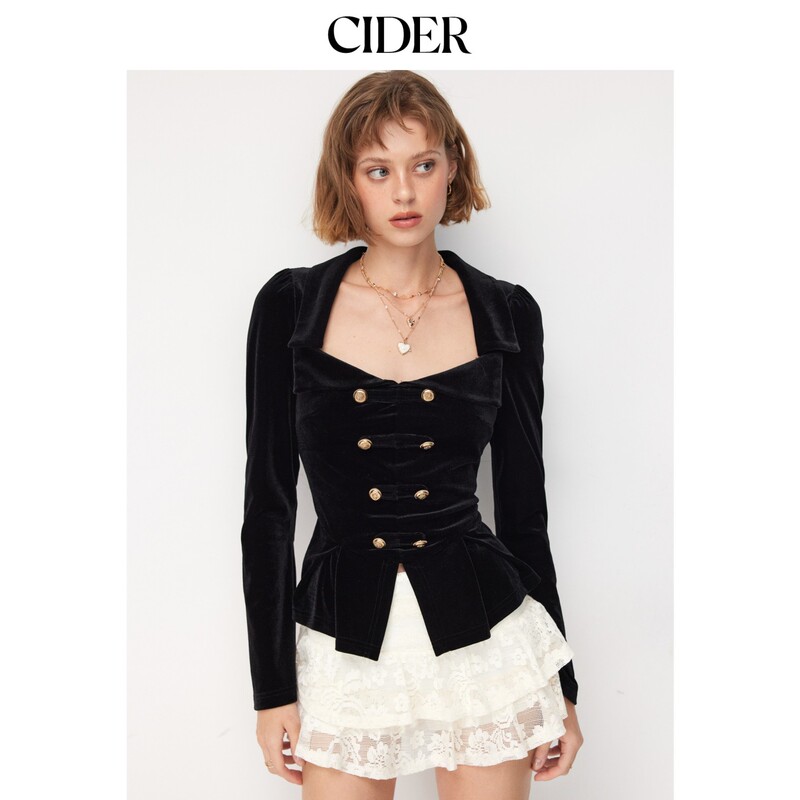 Cider2026 Autumn New Arrival Velvet Flared Sleeve Metal Decoration Ruffle Hem Shirt 115819444 Cider2026 Autumn New Arrival Velvet Flared Sleeve Metal Decoration Ruffle Hem Shirt 115819444