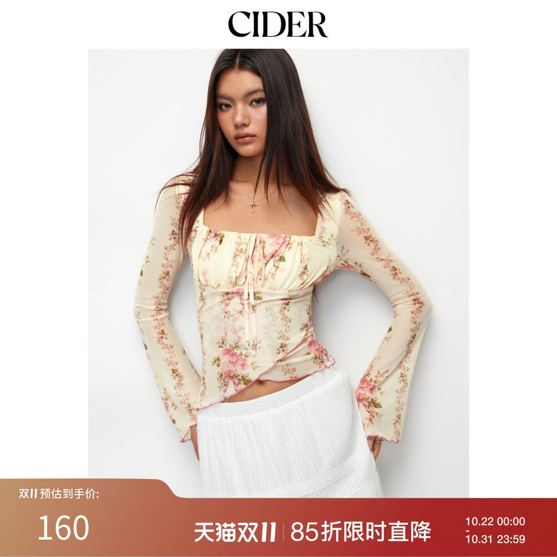 Cider Floral Ruffled Drawstring Long-Sleeved Mesh Sweetheart Cinched Waist Square Neck Top American Women's Clothing 114915152