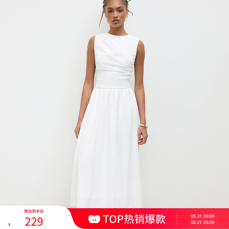 Cider Summer New Product Graduation Season Women's Round Neck Pleated Long Waist-Cinching Dress 114493289