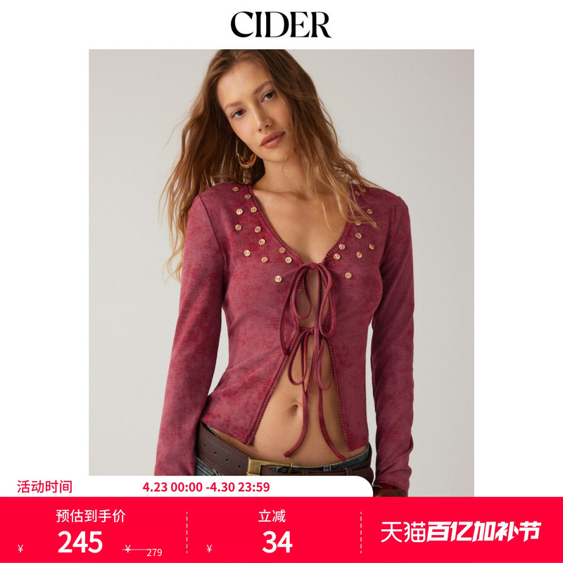 Cider2026 Spring New Velvet V-Neck Long-Sleeved Lace-Up Top 115126108