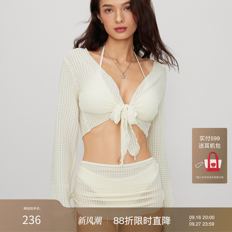 Ciderv Collar Tie Triangle Half-Coverage Bikini Swimsuit Set with Cover-Up 114501743