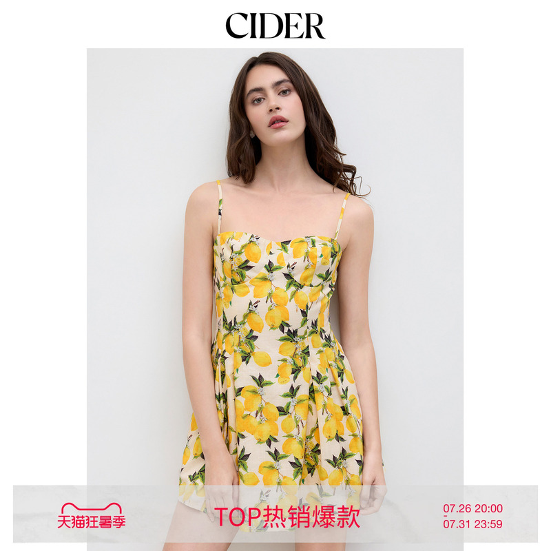 Cider Fresh Lemon Lace-Up Sweetheart Neckline Cotton Seaside Vacation Dress 114468777