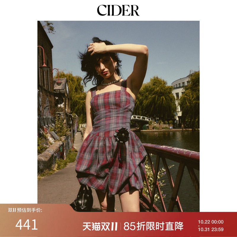 [Same Style as Park Chan-Dora] Cider2026 Plaid Mesh Flower Bud Short Pleated Dress 115529007