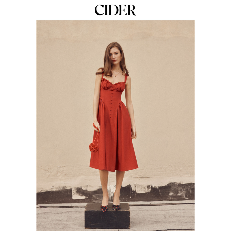 Cider Cotton Blend U-Neck Tie Ruffle Wide Hem Long Dress 115140781