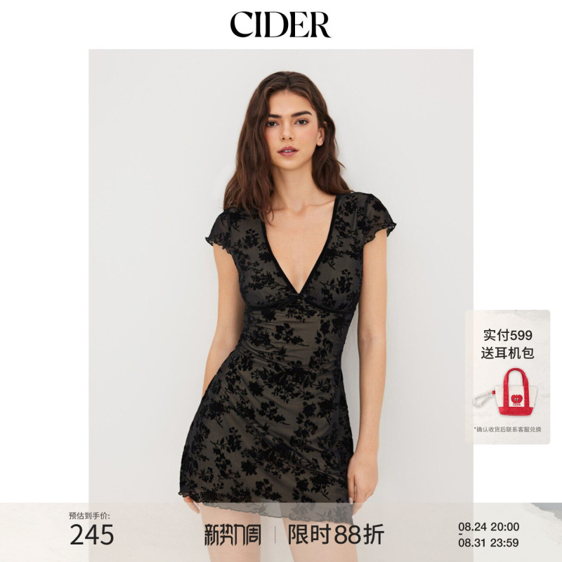 Cider2026 Summer New Product Mesh V Neck Floral Bow Mini Dress 114355287