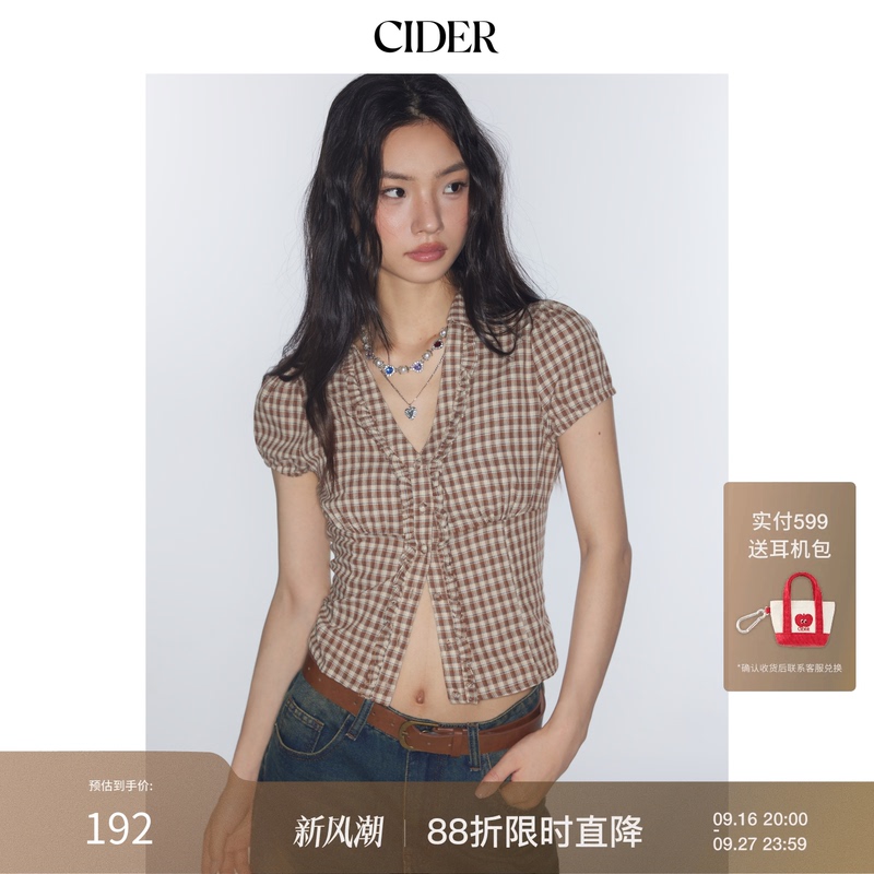[Celebrity Style] Cidermiu V-Neck Plaid Waist-Tightening College Style Short-Sleeve Shirt 113883862
