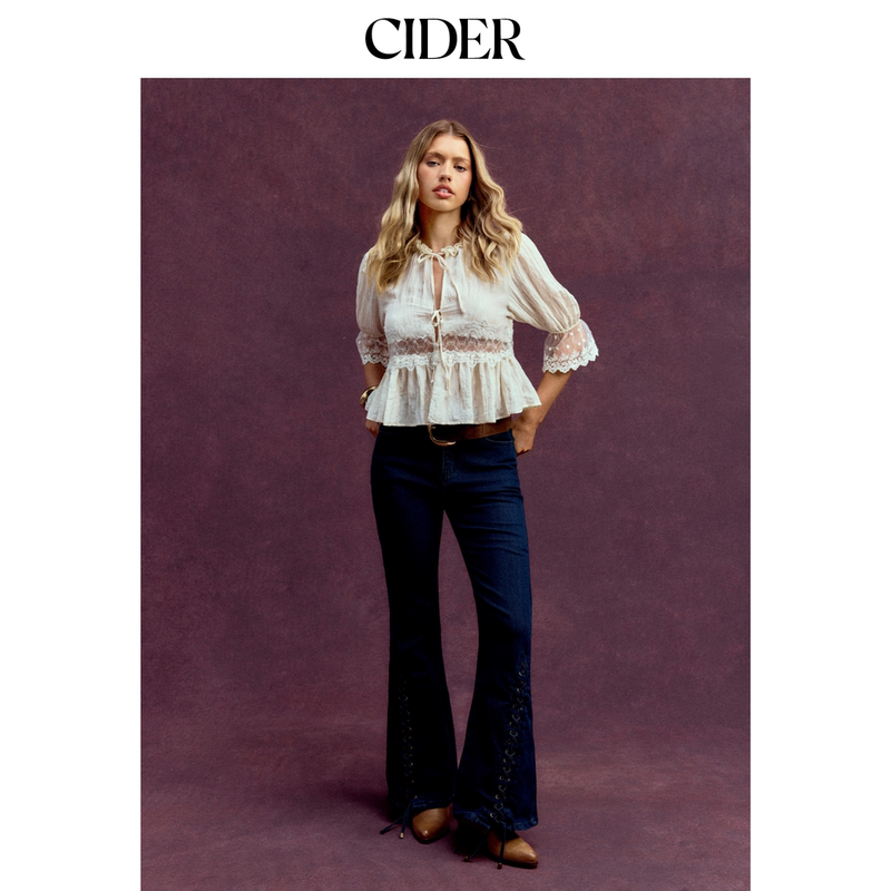 Cider Round Neck Lace Beaded Puff Sleeve Top 115200220 Cider Round Neck Lace Beaded Puff Sleeve Top 115200220