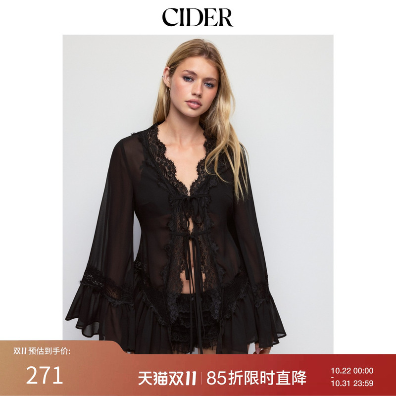 Cider Chiffon V Neck Bell Sleeve Lace Stitching Lace-Up Ruffled Hem Top 115595090 Cider Chiffon V Neck Bell Sleeve Lace Stitching Lace-Up Ruffled Hem Top 115595090