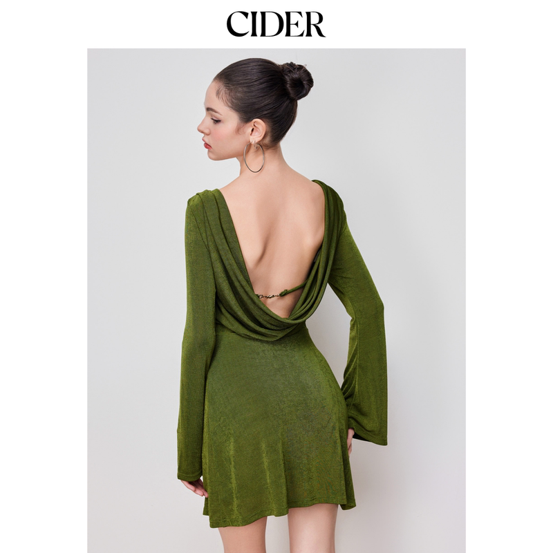 Cider Solid Color Backless Boat Neck Mini Dress 114095779