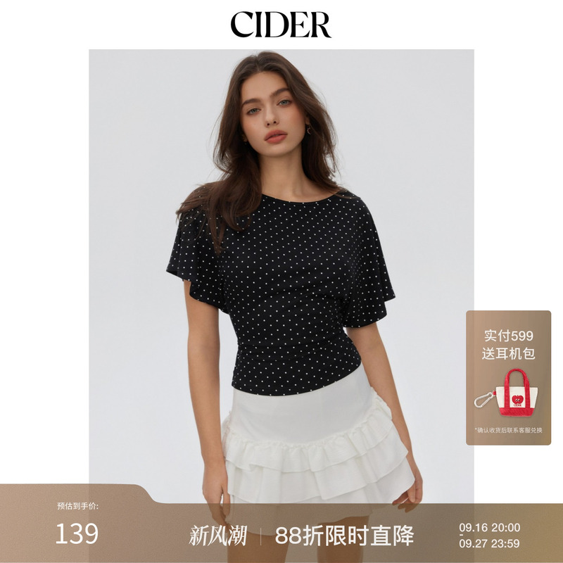 Cider2026 Early Autumn Outfit Boat Neck Polka Dot Batwing Sleeve Loose T-Shirt 115214582