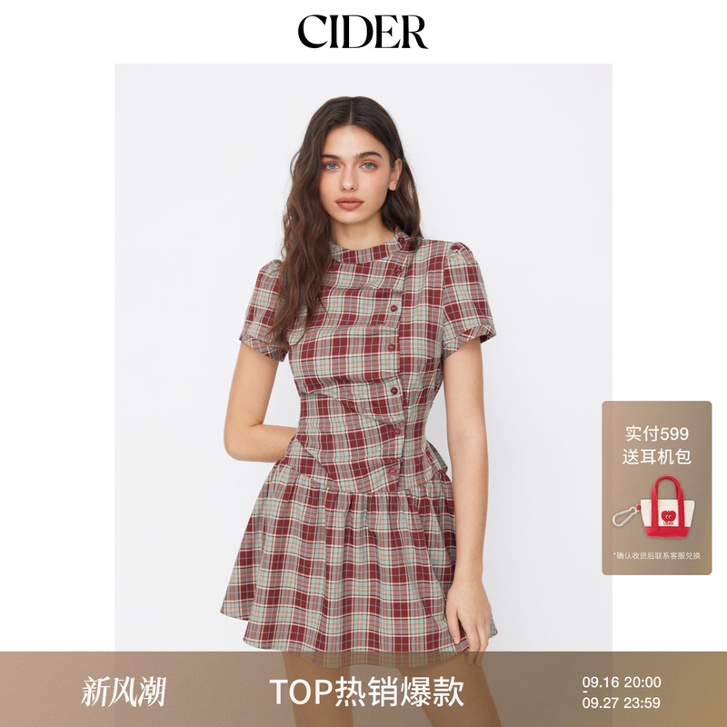[Celebrity Style] Cider American Plaid Puff Sleeve Tie Dress 114992258
