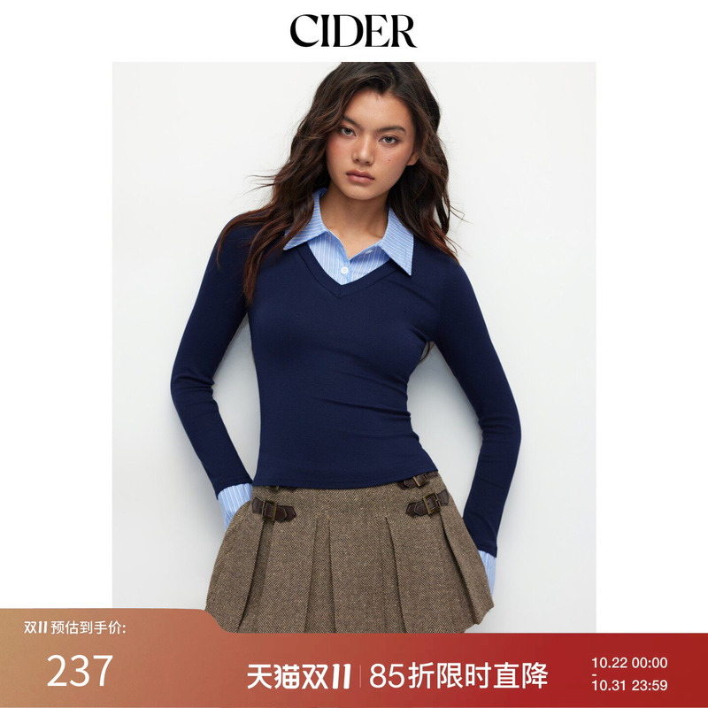[Celebrity Style] Cidermiu Fake Two-Piece V-Neck Striped Lapel College Style Shirt 114068265