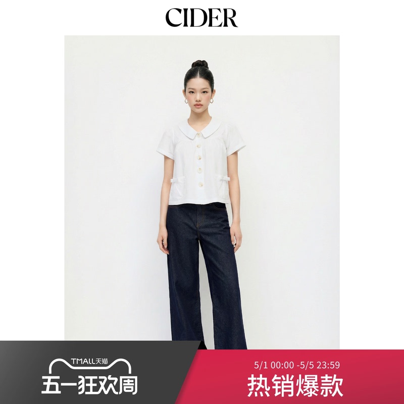Cidermiu Cotton Peter Pan Collar Bow Tie Pocket Button Loose Top 114769752