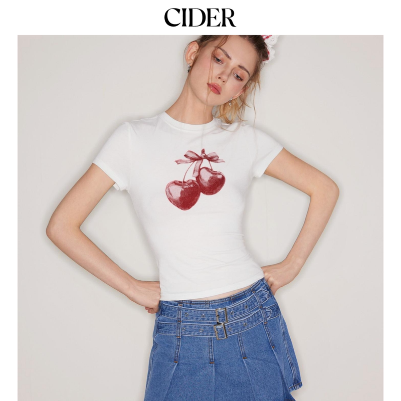 [Celebrity Style] Cider Authentic Cherry Print T-Shirt Round Neck Regular Shoulder Women's Clothing 114359183