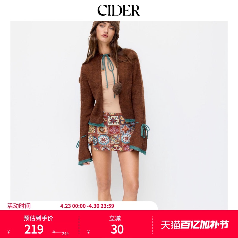 Cider Contrasting Color Trim Slit High-Neck Tie Knitted Mohair Cardigan 114957779