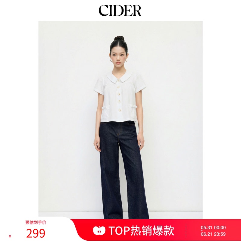 Cidermiu Cotton Peter Pan Collar Bow Tie Pocket Button Loose Top 114769752