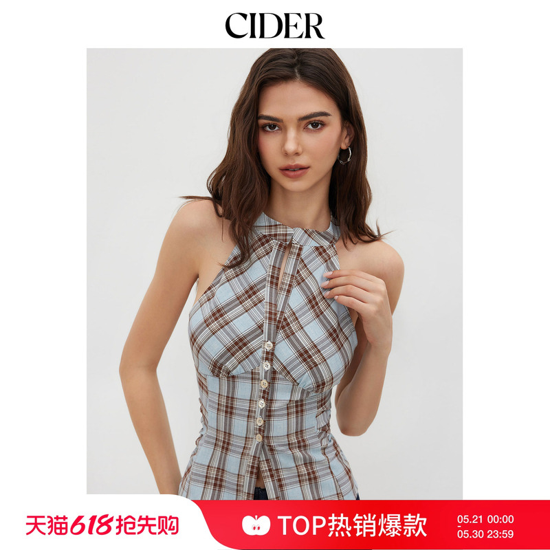 [Celebrity Style] Cider Authentic Stand Collar Plaid Slit Sleeveless Camisole Top 114619813