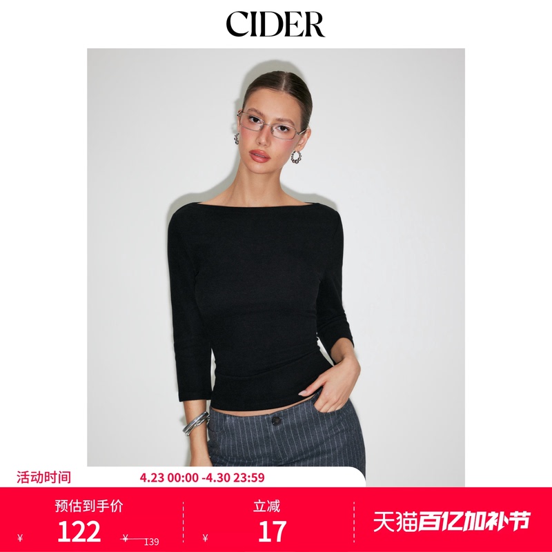 Cider Cotton Blend Boat Neck Mid-Sleeve Short Top 115127856