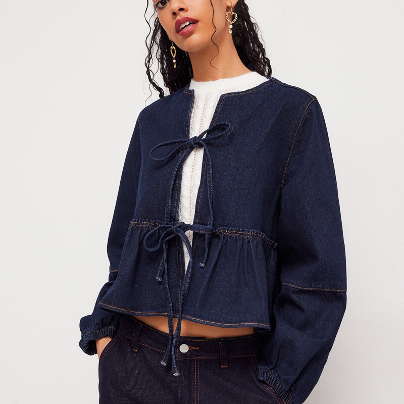 Cider New Jacket Denim Round Neck Tie Front Ruffle Hem Jacket 113965851