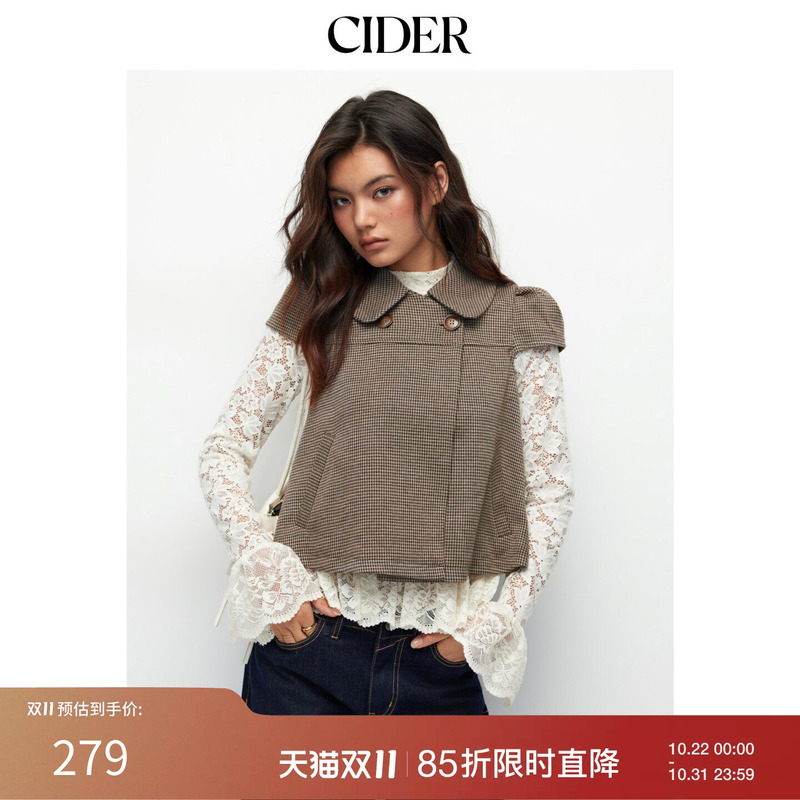 Cider Peter Pan Collar Jacket Plaid Shirt Retro Polka Dot Lapel Plaid Short-Sleeved Top 114740919
