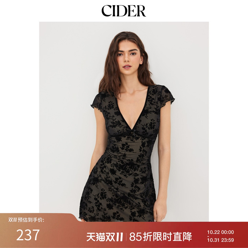 Cider New Autumn Product Mesh V Neck Floral Bow Mini Dress 114355287