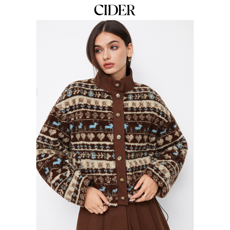 Cider Aztec Print Lapel Long-Sleeve Belted Button Fleece Jacket 114983124 Cider Aztec Print Lapel Long-Sleeve Belted Button Fleece Jacket 114983124