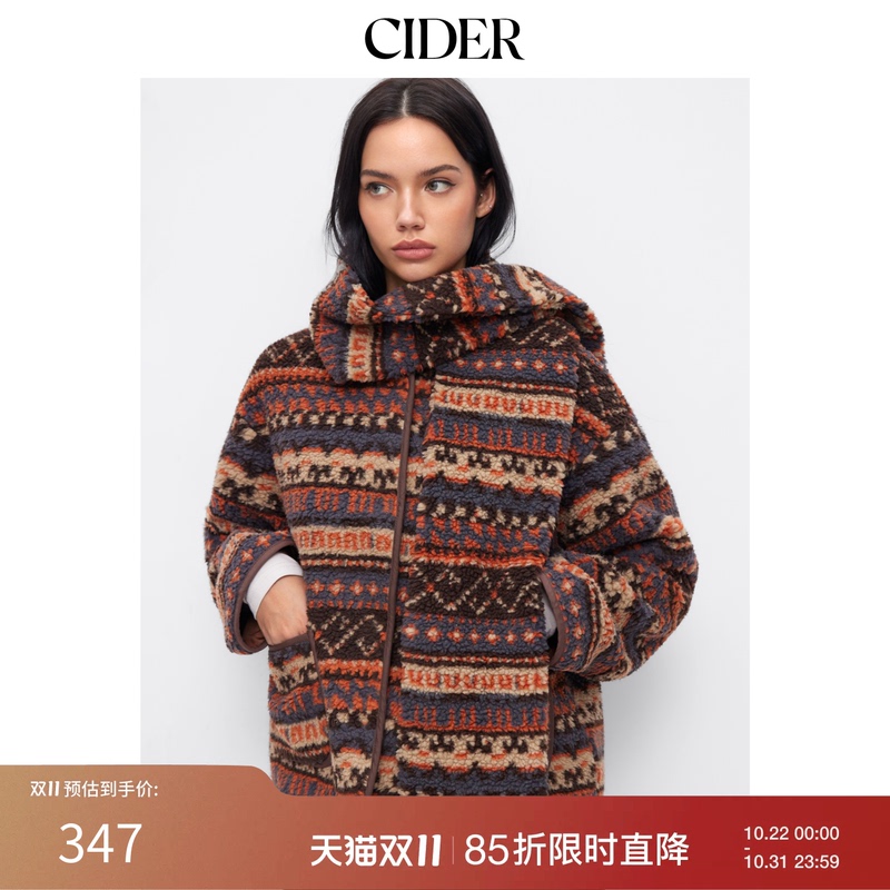 Cider Aztec Print Round Neck Metal Buckle Wool Scarf Jacket 115038821 Cider Aztec Print Round Neck Metal Buckle Wool Scarf Jacket 115038821