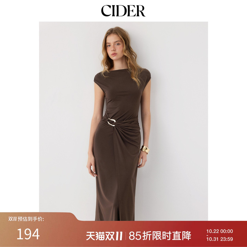 Cider2026 Autumn New Product Boat Neck Metal Decoration Pleated Long Dress 114926525