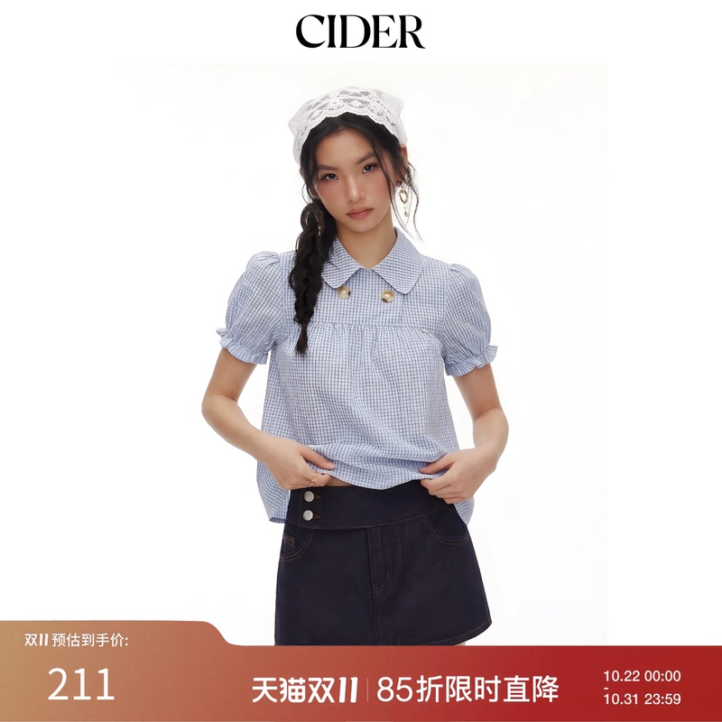 [Celebrity Style] Cider Peter Pan Plaid Puff Sleeve Loose Top Short Sleeve Shirt 115149732