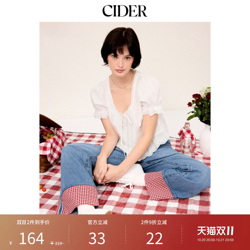 Cider2026 Early Autumn Outfit Lace-Trimmed Tie-Up Short Puff Sleeve Top 115329393 Cider2026 Early Autumn Outfit Lace-Trimmed Tie-Up Short Puff Sleeve Top 115329393
