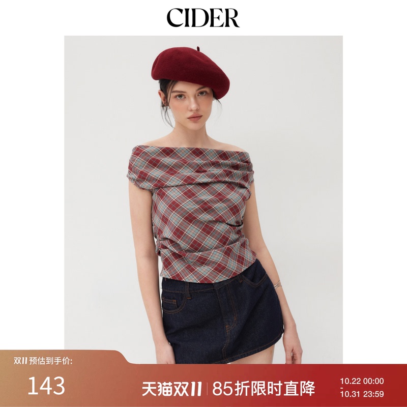 【Ella's Style】Cider Genuine One-Shoulder Plaid Short-Sleeve American Retro Plaid Top 113981213 【Ella's Style】Cider Genuine One-Shoulder Plaid Short-Sleeve American Retro Plaid Top 113981213