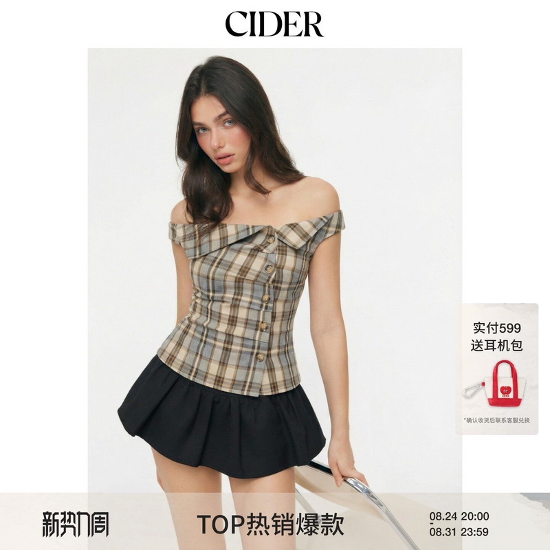 [Celebrity Style] Cider2026 Spring New Plaid Asymmetric Short Sleeve Top 115229782