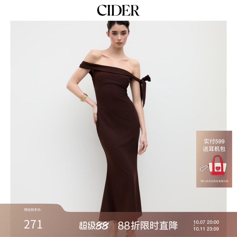 Ciderchic Elegant Off-Shoulder Bow One-Shoulder Long Waist-Cinching Dress 114444307
