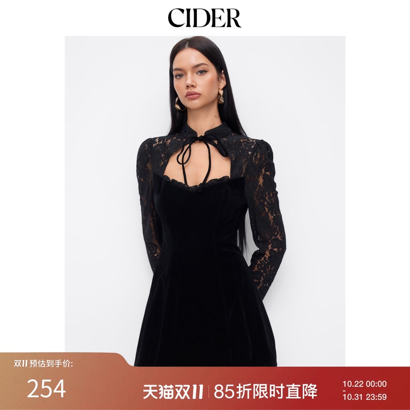 Cider Velvet Lapel Long-Sleeved Lace Mesh Lace-Up Mini Dress 115032159
