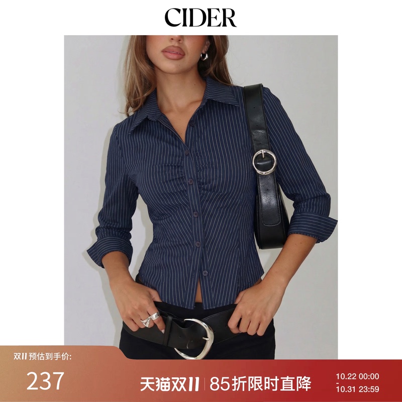 Cider Long-Sleeved Striped Front Pleated Drawstring Top 115111616